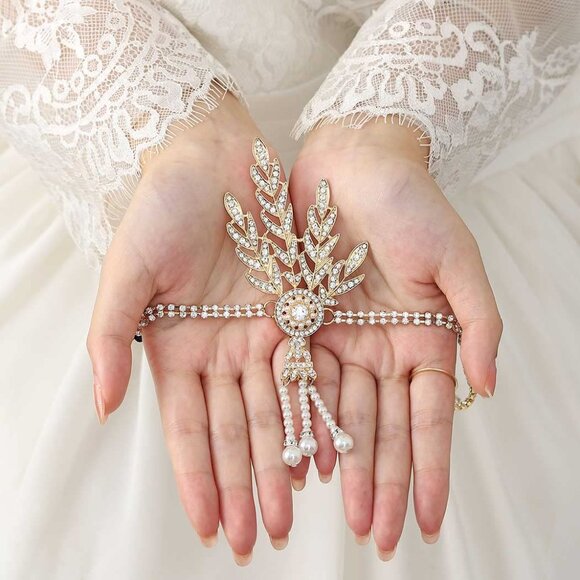 1920's Flapper Headband Leaf Rhiestones Headpiece Pearl Tassel Headdress Bride W - Picture 6 of 7